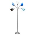Simple Designs 67" Multi Head Medusa 5 Light Adjustable Gooseneck Silver Floor Lamp with Blue, White, Gray Shades LF2006-SBG